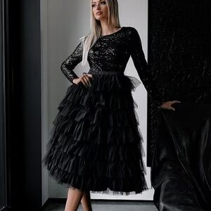 Mac Duggal Black Sequin Layered Dress